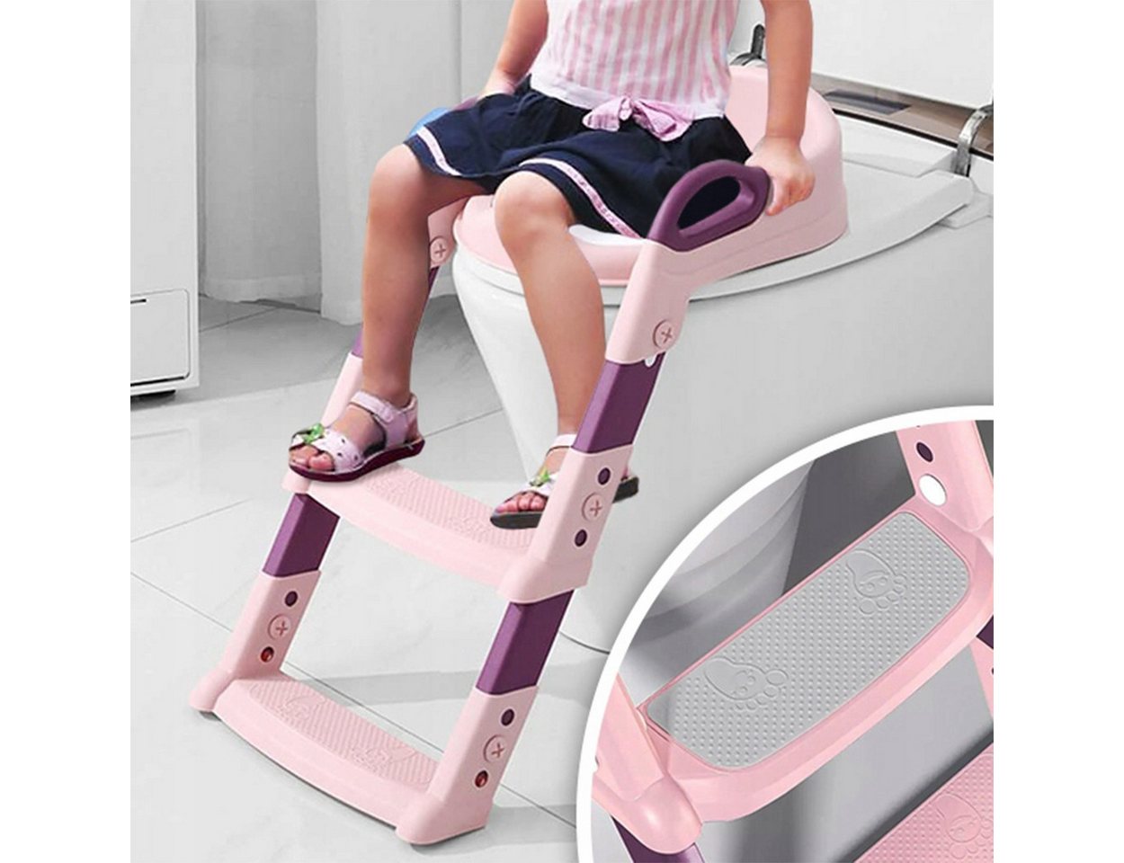 Hard-er Baby-Toilettensitz Kinder-WC-Sitz Rosa mit Stufenleiter klappbar für 1–5 Jahre, 59 cm, mit Rückenstütze und rutschhemmenden Stufen für sicheren Halt