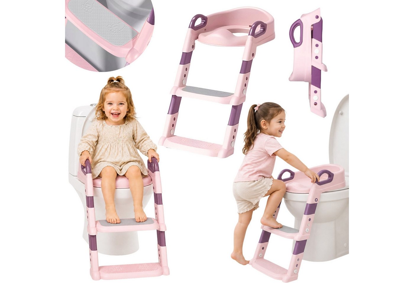 Hard-er Baby-Toilettensitz Kinder-WC-Sitz Rosa mit Stufenleiter klappbar für 1–5 Jahre, 59 cm, mit Rückenstütze und rutschhemmenden Stufen für sicheren Halt Bild 2