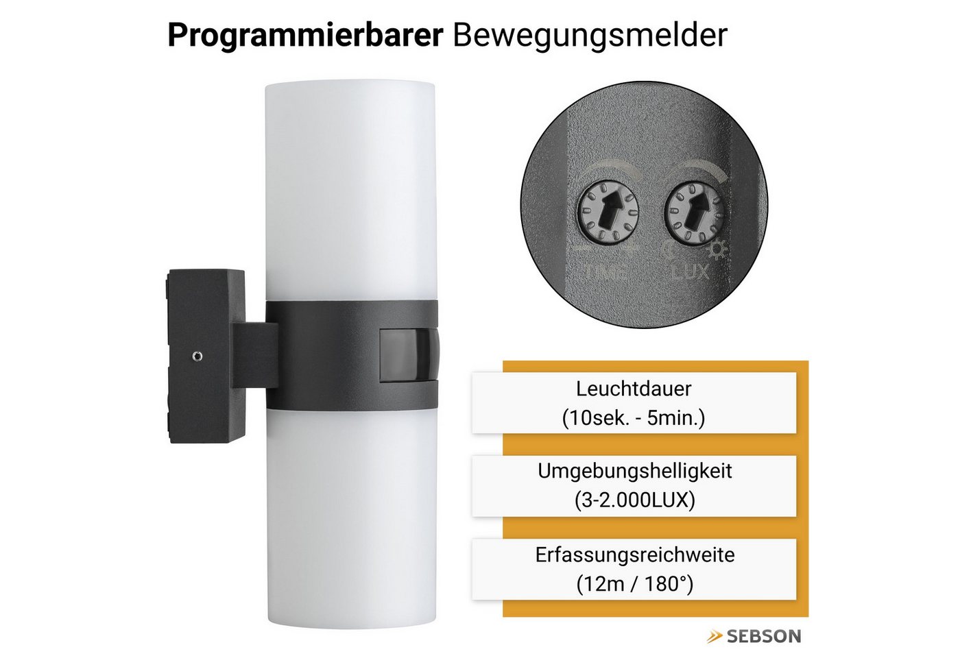 SEBSON Außen-Wandleuchte LED Außenleuchte Bewegungsmelder 12m/180° IP65, 20W 2200lm kaltweiß, Kaltweiß, Bewegungsmelder programmierbar Bild 4