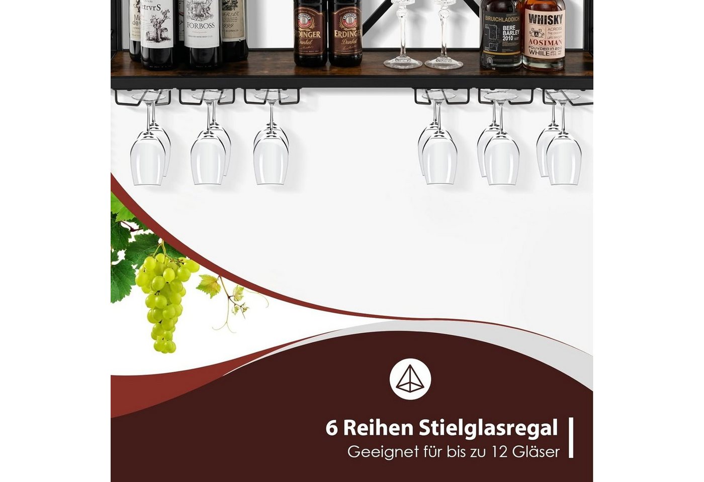 KOMFOTTEU Weinregal Wandregal Flaschenregal Flaschenhalter, mit Glashalter, 100 × 25 × 45cm