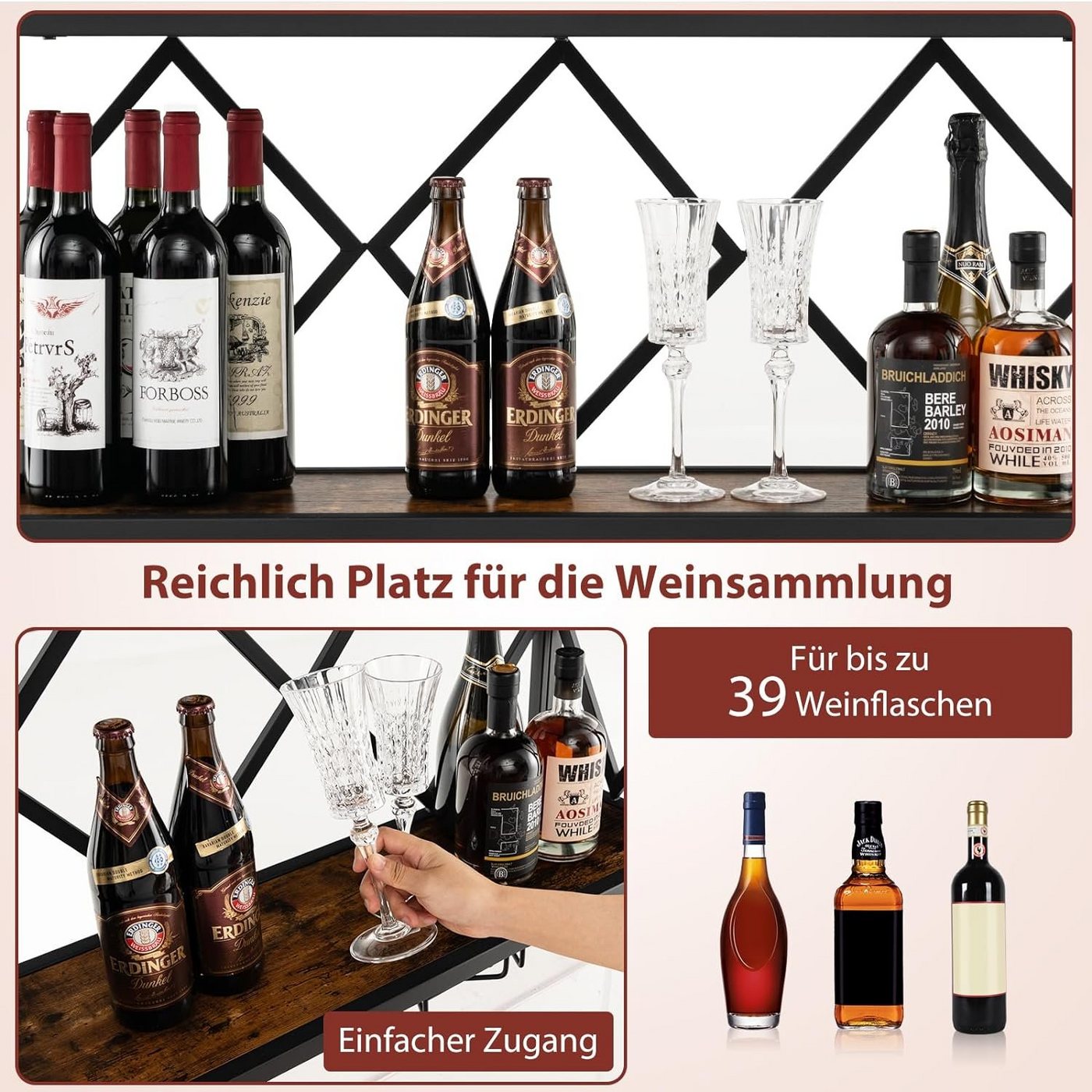KOMFOTTEU Weinregal Wandregal Flaschenregal Flaschenhalter, mit Glashalter, 100 × 25 × 45cm Bild 2