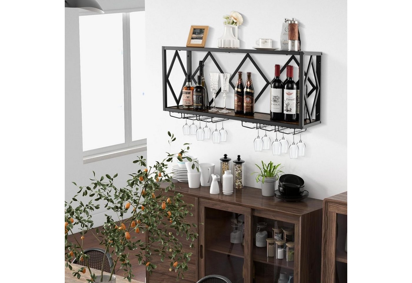 KOMFOTTEU Weinregal Wandregal Flaschenregal Flaschenhalter, mit Glashalter, 100 × 25 × 45cm Bild 3