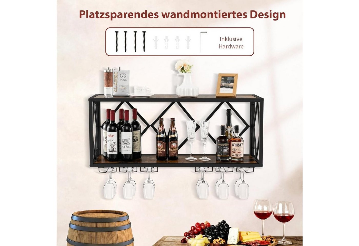 KOMFOTTEU Weinregal Wandregal Flaschenregal Flaschenhalter, mit Glashalter, 100 × 25 × 45cm Bild 4