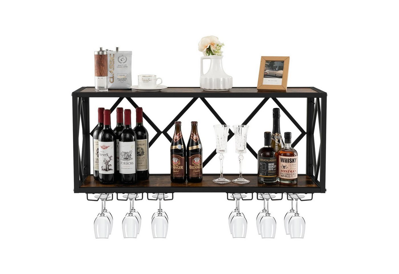 KOMFOTTEU Weinregal Wandregal Flaschenregal Flaschenhalter, mit Glashalter, 100 × 25 × 45cm Bild 5