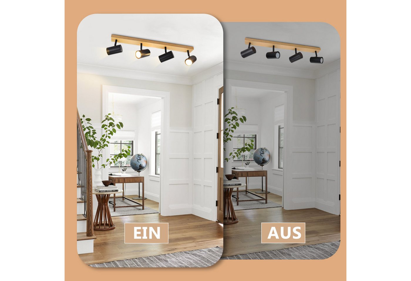 Nettlife Deckenstrahler Holz Vintage 4/5-Flammig Schwarz/Weiß,GU10,Deckenlampe, Schwenkbar 350°, LED wechselbar, Deckenleuchte für Wohnzimmer Schlafzimmer Esstisch Küche Kindzimmer