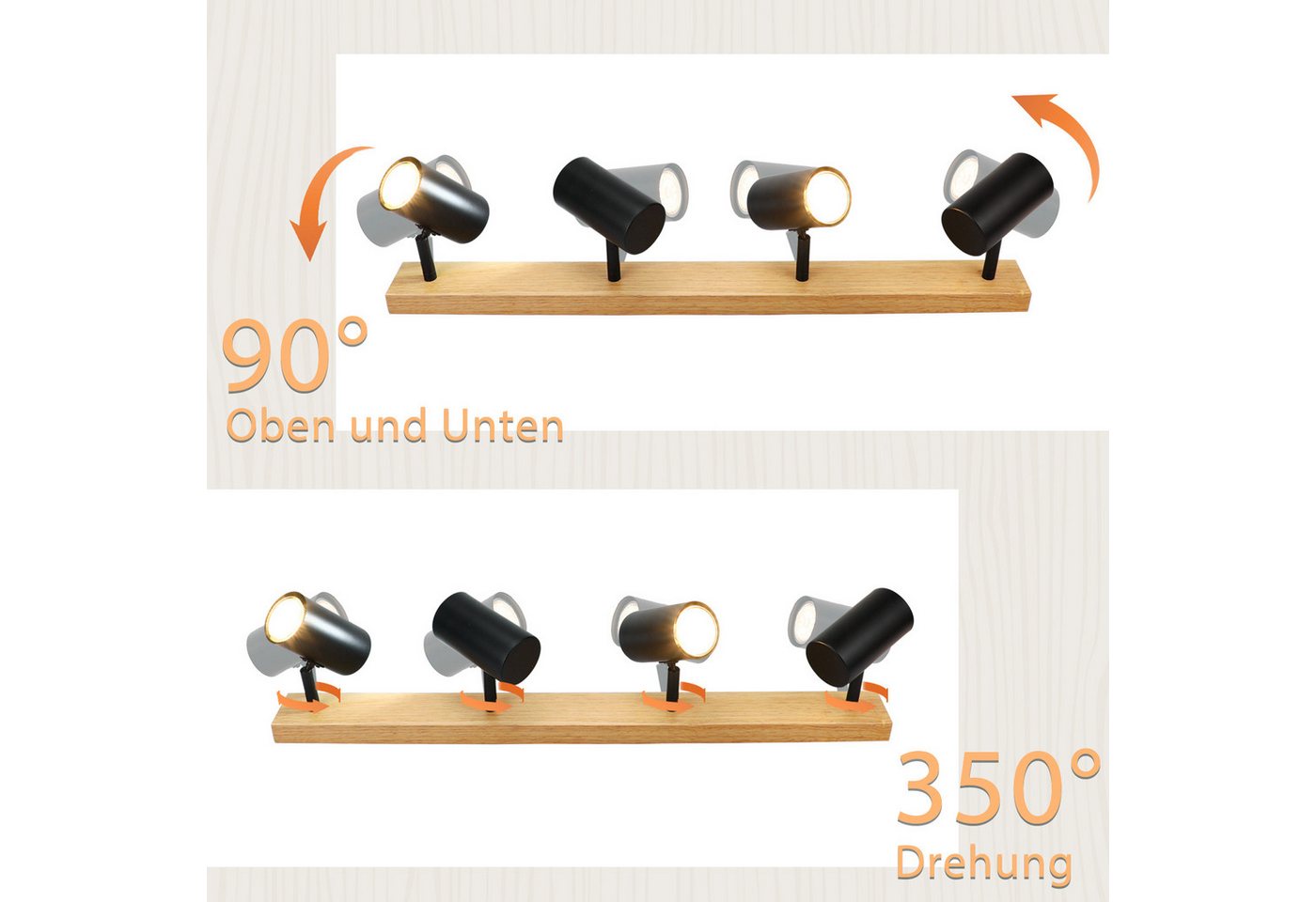 Nettlife Deckenstrahler Holz Vintage 4/5-Flammig Schwarz/Weiß,GU10,Deckenlampe, Schwenkbar 350°, LED wechselbar, Deckenleuchte für Wohnzimmer Schlafzimmer Esstisch Küche Kindzimmer Bild 3