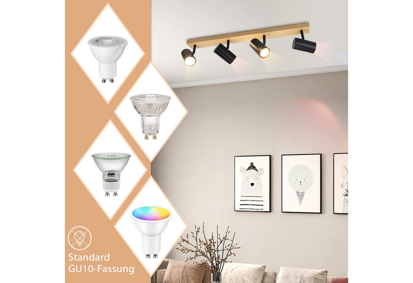 Nettlife Deckenstrahler Holz Vintage 4/5-Flammig Schwarz/Weiß,GU10,Deckenlampe, Schwenkbar 350°, LED wechselbar, Deckenleuchte für Wohnzimmer Schlafzimmer Esstisch Küche Kindzimmer Bild 5