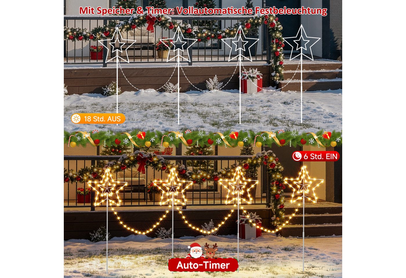 Quntis Lichterkette Weihnachtsdeko LED Sternlichter 4er Set mit Erdspieß und Timerfunktion, Timer & Speicher, Gartenleuchten zur Außen Weihnachtsdekoration