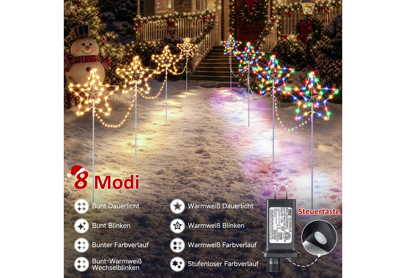 Quntis Lichterkette Weihnachtsdeko LED Sternlichter 4er Set mit Erdspieß und Timerfunktion, Timer & Speicher, Gartenleuchten zur Außen Weihnachtsdekoration Bild 2