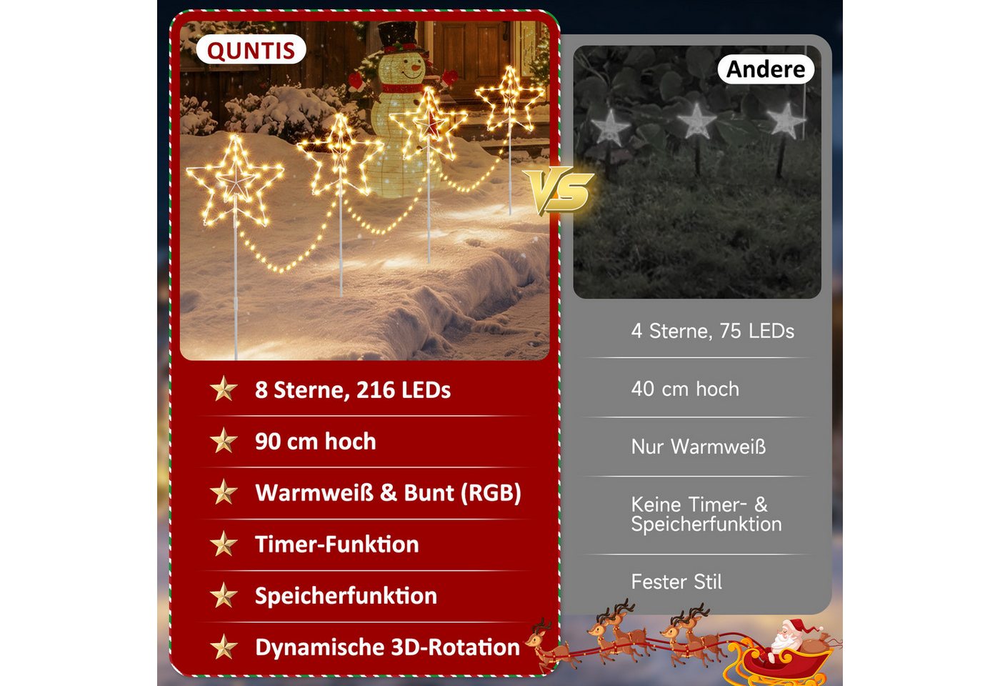 Quntis Lichterkette Weihnachtsdeko LED Sternlichter 4er Set mit Erdspieß und Timerfunktion, Timer & Speicher, Gartenleuchten zur Außen Weihnachtsdekoration Bild 4