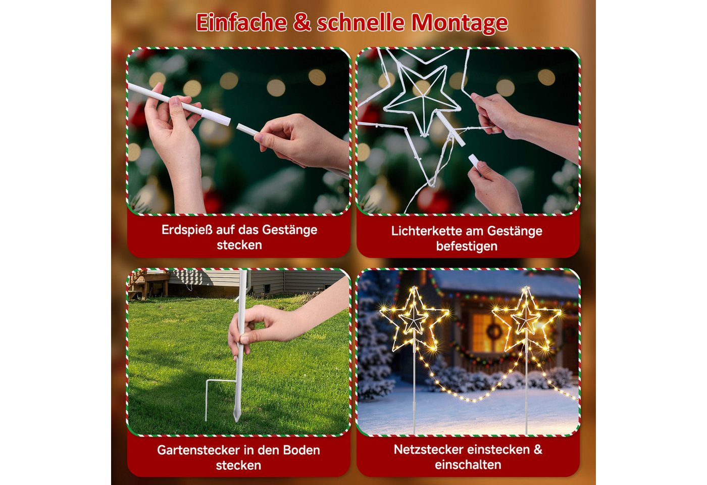 Quntis Lichterkette Weihnachtsdeko LED Sternlichter 4er Set mit Erdspieß und Timerfunktion, Timer & Speicher, Gartenleuchten zur Außen Weihnachtsdekoration Bild 5