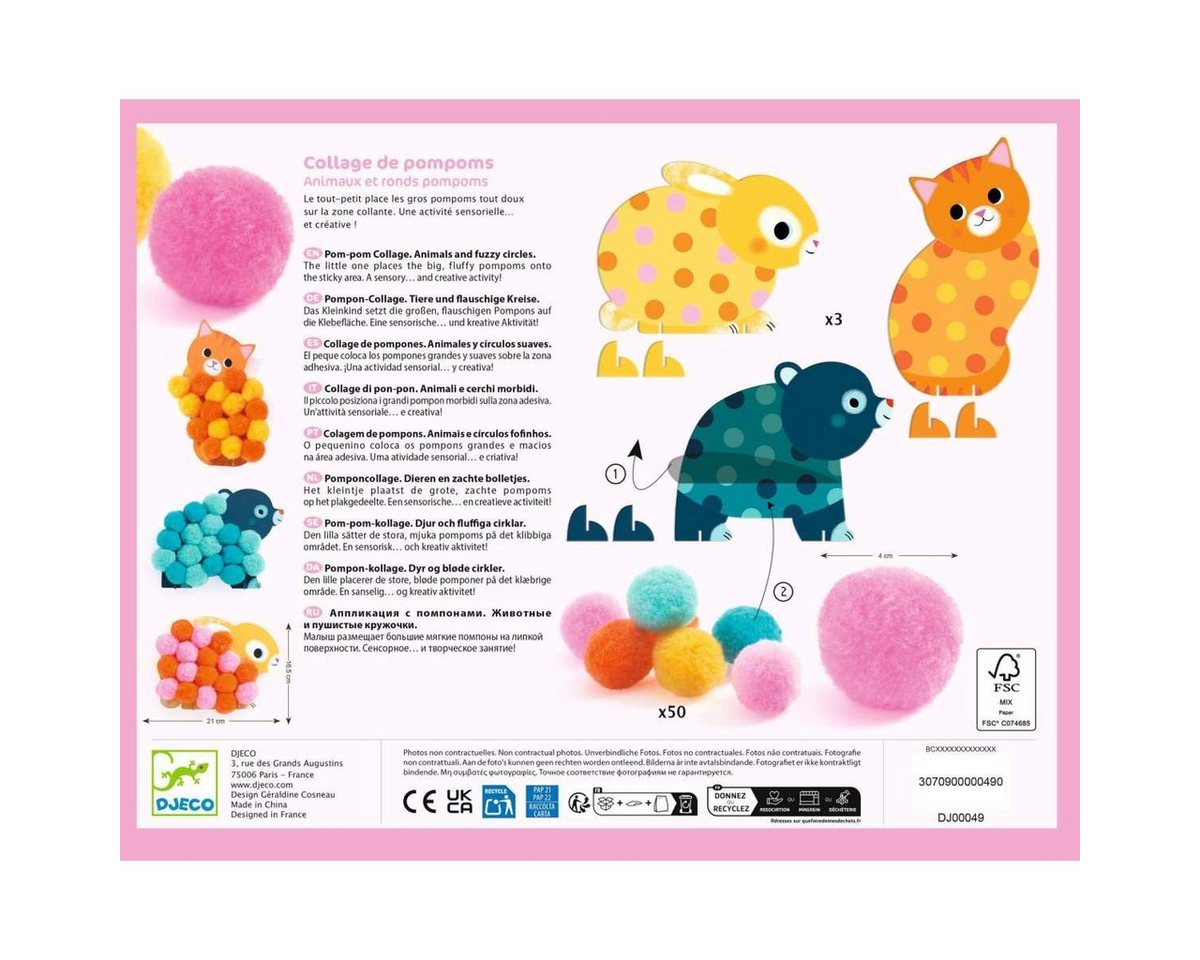 DJECO Kreativset Pompom Collage - Süße Tiere Kreativset für Kinder