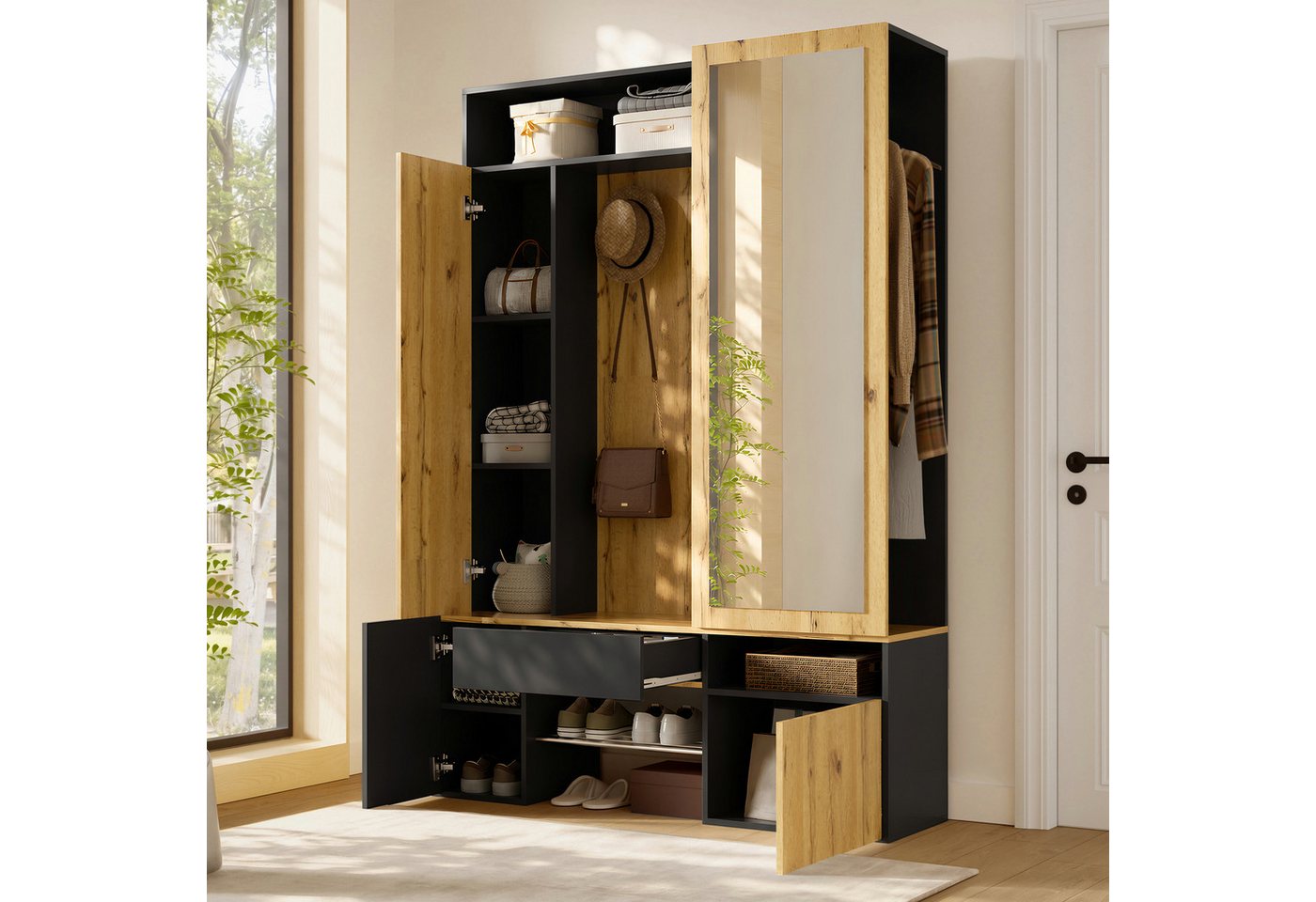 Merax Garderobenschrank mit Ganzkörperspiegel, Schuhschrank, Kleiderstange und Haken (1-St) Flurgarderobe mit Stauraum und Ablagefächern, 127 x 35 x 180,5 cm