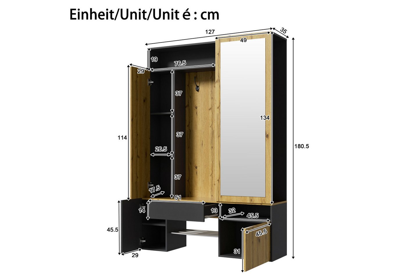 Merax Garderobenschrank mit Ganzkörperspiegel, Schuhschrank, Kleiderstange und Haken (1-St) Flurgarderobe mit Stauraum und Ablagefächern, 127 x 35 x 180,5 cm Bild 2