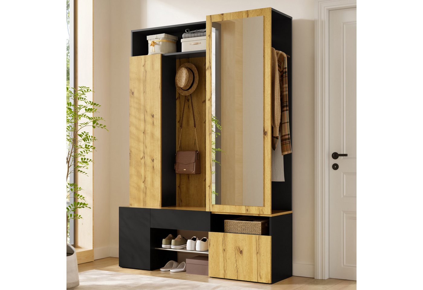Merax Garderobenschrank mit Ganzkörperspiegel, Schuhschrank, Kleiderstange und Haken (1-St) Flurgarderobe mit Stauraum und Ablagefächern, 127 x 35 x 180,5 cm Bild 3