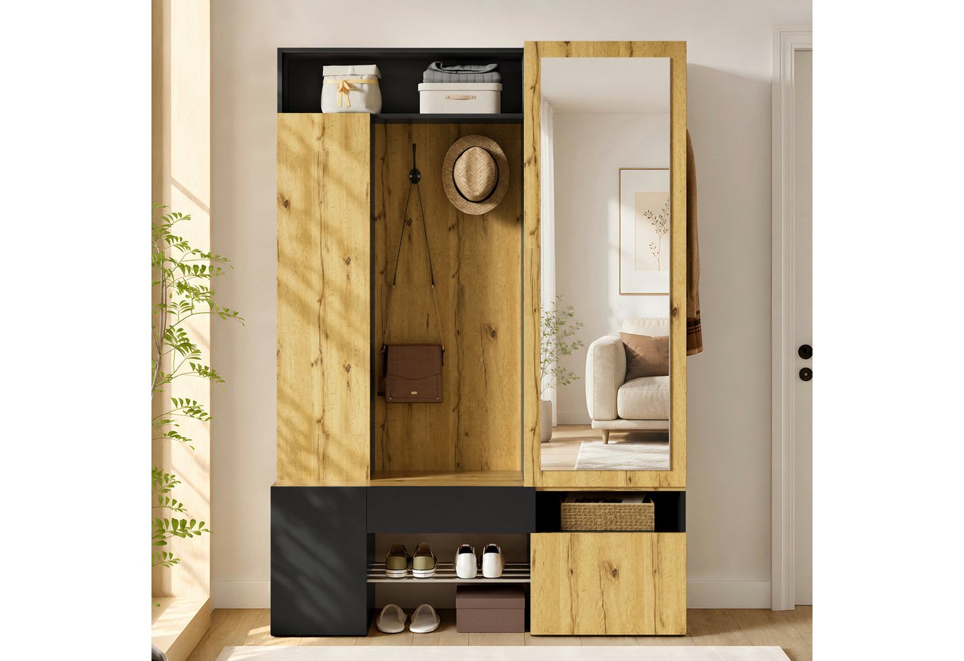 Merax Garderobenschrank mit Ganzkörperspiegel, Schuhschrank, Kleiderstange und Haken (1-St) Flurgarderobe mit Stauraum und Ablagefächern, 127 x 35 x 180,5 cm Bild 4