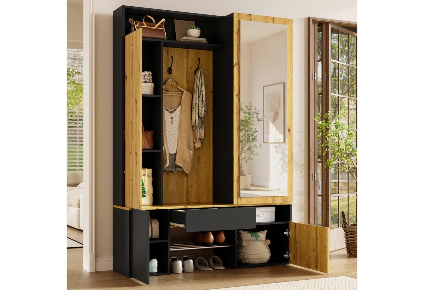 Merax Garderobenschrank mit Ganzkörperspiegel, Schuhschrank, Kleiderstange und Haken (1-St) Flurgarderobe mit Stauraum und Ablagefächern, 127 x 35 x 180,5 cm Bild 5