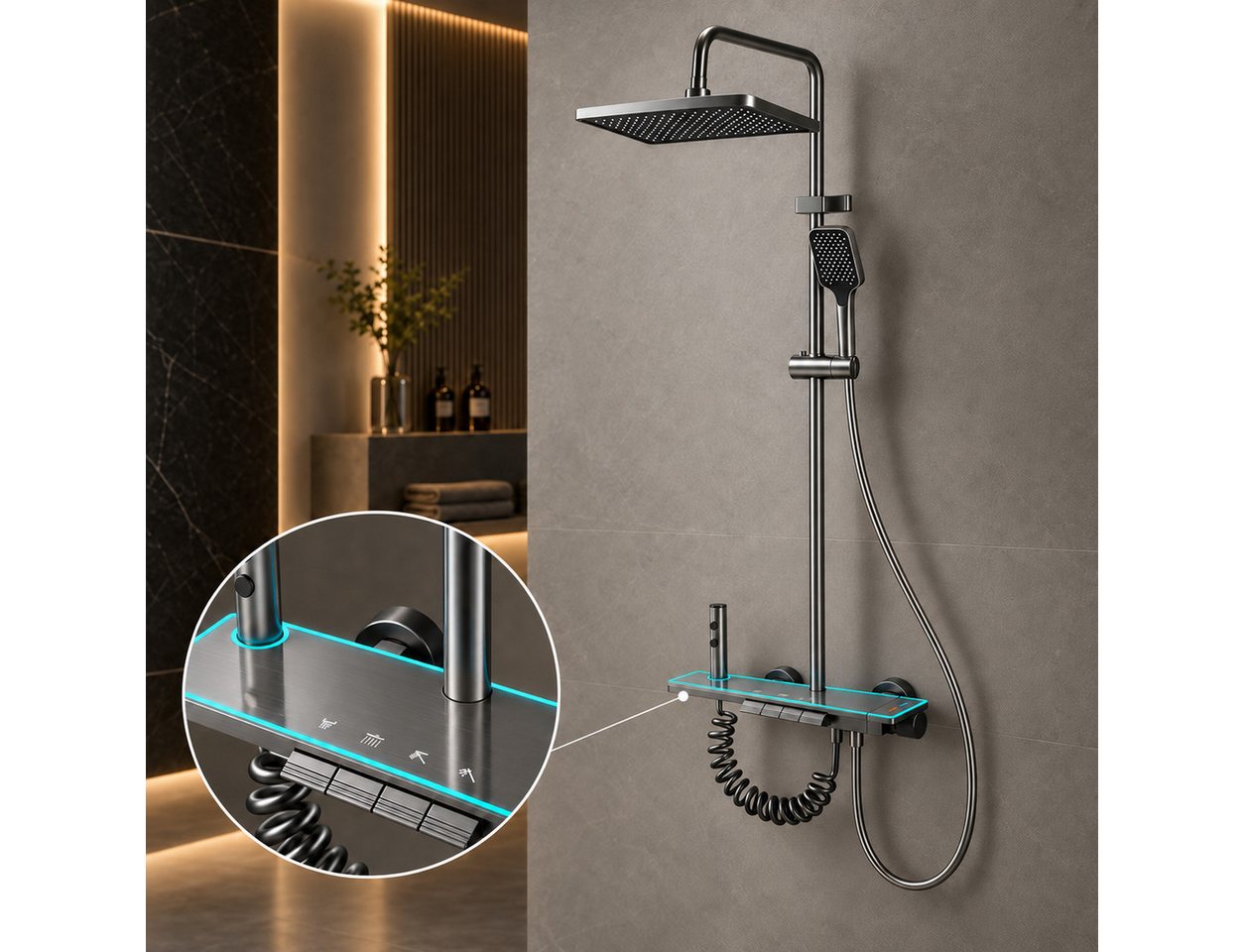 LuxaSteel Duschsystem Duscharmatur mit Regendusche & LED-Beleuchtung, 5 Strahlart(en), Komplett-Set, Direkt einsatzbereit, Duschsystem betrieben durch internes Wasserkraftwerk