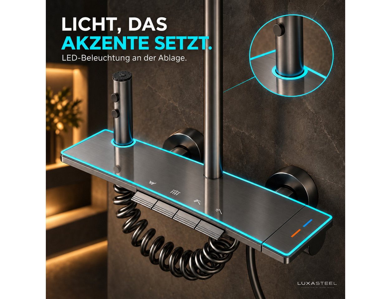 LuxaSteel Duschsystem Duscharmatur mit Regendusche & LED-Beleuchtung, 5 Strahlart(en), Komplett-Set, Direkt einsatzbereit, Duschsystem betrieben durch internes Wasserkraftwerk Bild 2