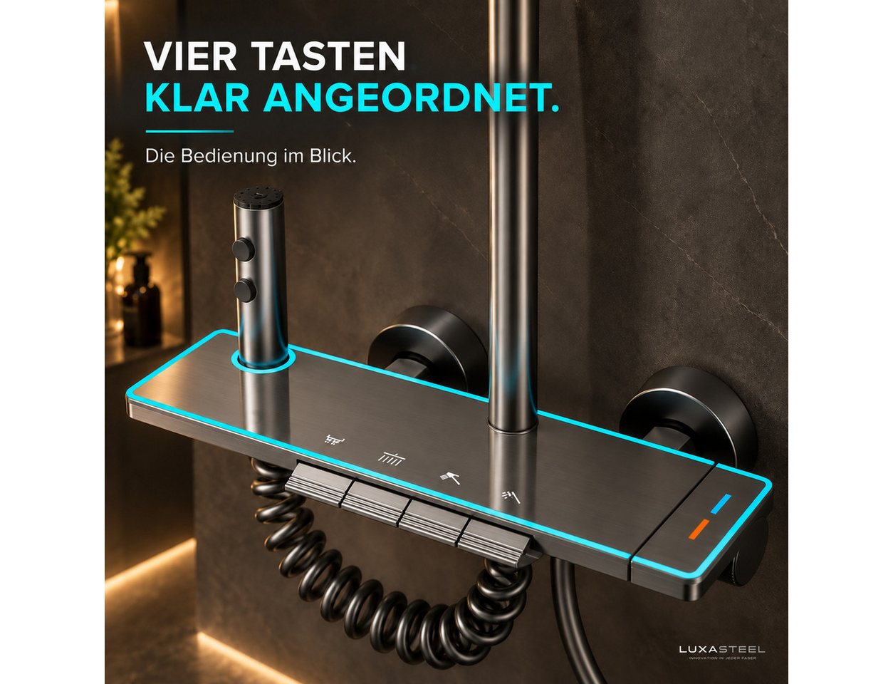 LuxaSteel Duschsystem Duscharmatur mit Regendusche & LED-Beleuchtung, 5 Strahlart(en), Komplett-Set, Direkt einsatzbereit, Duschsystem betrieben durch internes Wasserkraftwerk Bild 3