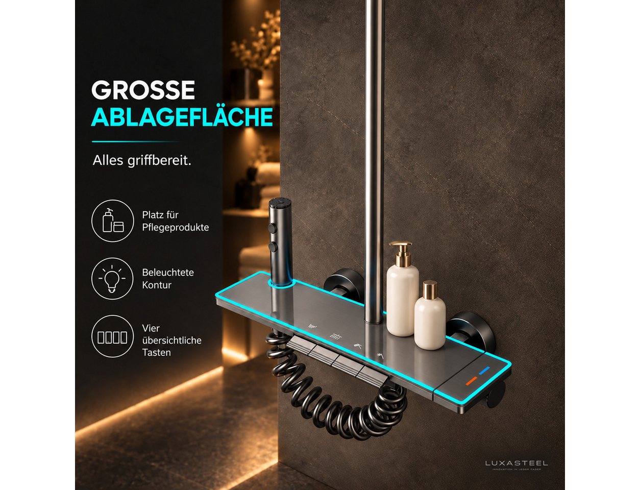 LuxaSteel Duschsystem Duscharmatur mit Regendusche & LED-Beleuchtung, 5 Strahlart(en), Komplett-Set, Direkt einsatzbereit, Duschsystem betrieben durch internes Wasserkraftwerk Bild 4