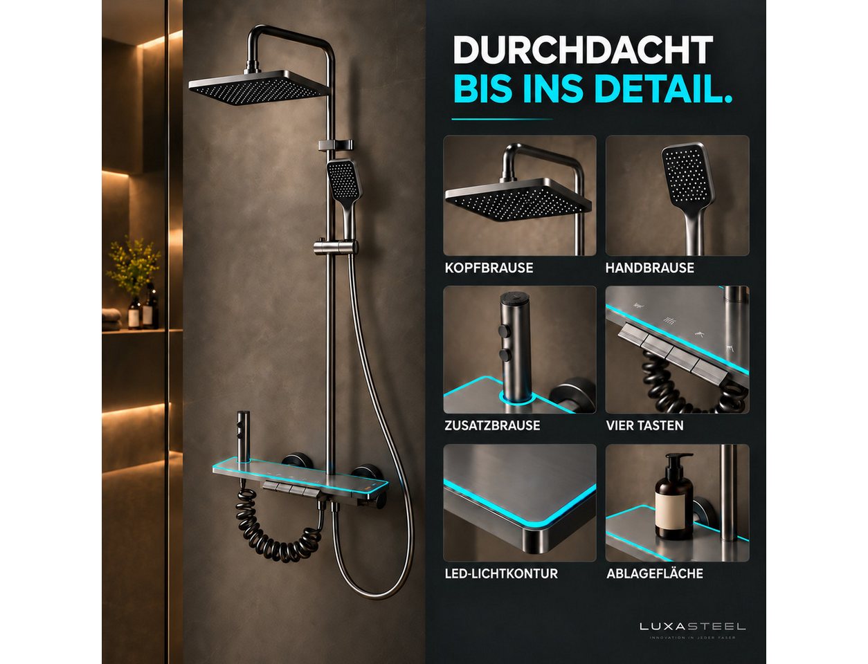 LuxaSteel Duschsystem Duscharmatur mit Regendusche & LED-Beleuchtung, 5 Strahlart(en), Komplett-Set, Direkt einsatzbereit, Duschsystem betrieben durch internes Wasserkraftwerk Bild 5