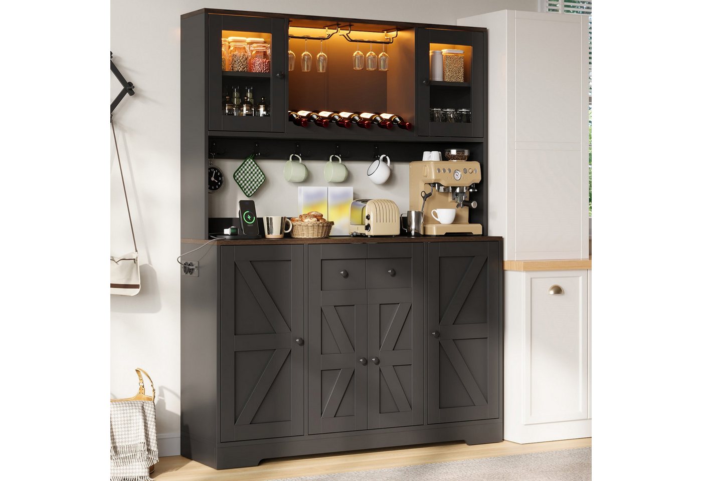 Flieks Küchenbuffet Hochschrank Weinschrank mit Acrylglastür, LED-Beleuchtung, Steckdosen (140x40x173 cm, 1-St., Vorratsschrank mit Arbeitsplatte in Walnussholzfarbe, Ladenfunktion) Glasvitrine mit Haken, Gläserhalter, verstellbar Einlegeböden Schwarz