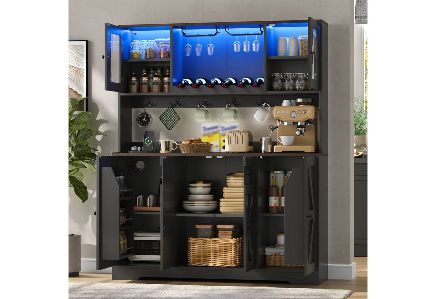 Flieks Küchenbuffet Hochschrank Weinschrank mit Acrylglastür, LED-Beleuchtung, Steckdosen (140x40x173 cm, 1-St., Vorratsschrank mit Arbeitsplatte in Walnussholzfarbe, Ladenfunktion) Glasvitrine mit Haken, Gläserhalter, verstellbar Einlegeböden Schwarz Bild 2