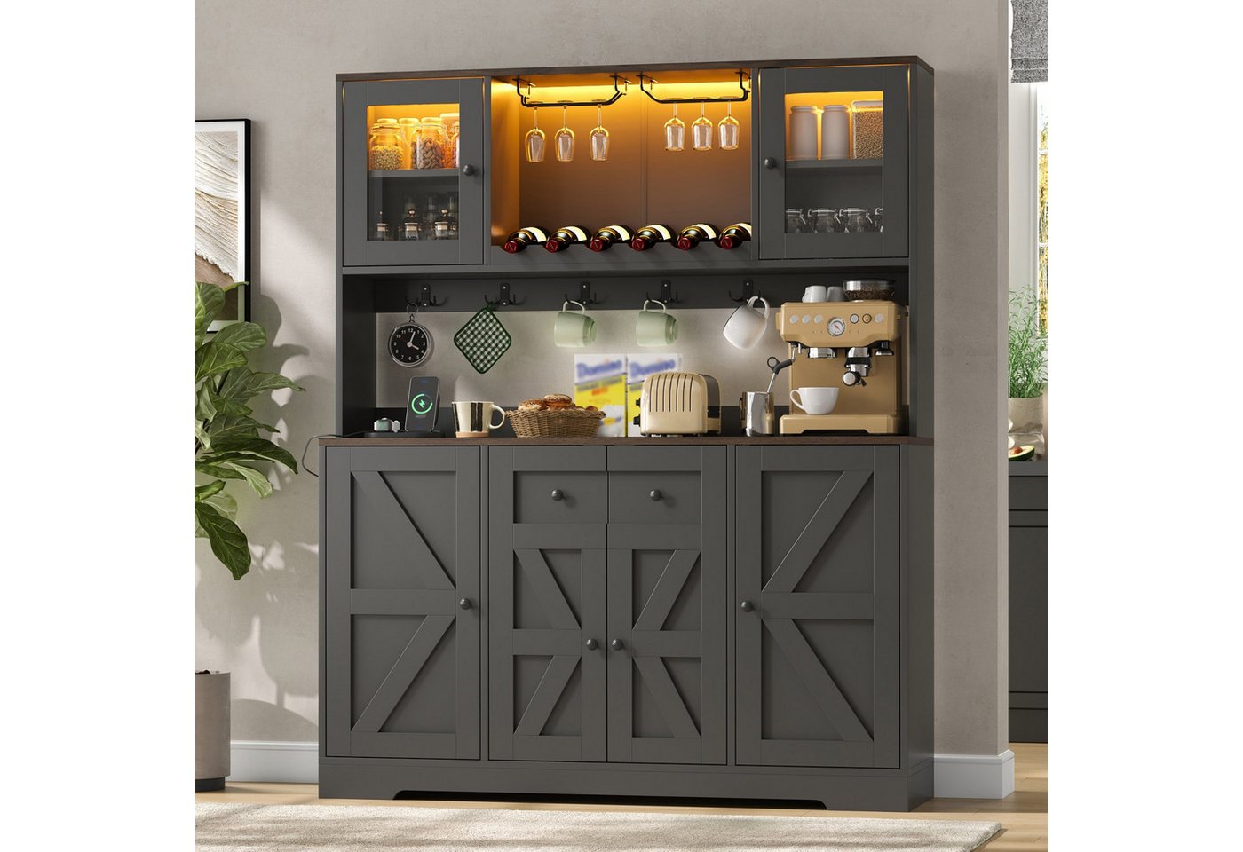 Flieks Küchenbuffet Hochschrank Weinschrank mit Acrylglastür, LED-Beleuchtung, Steckdosen (140x40x173 cm, 1-St., Vorratsschrank mit Arbeitsplatte in Walnussholzfarbe, Ladenfunktion) Glasvitrine mit Haken, Gläserhalter, verstellbar Einlegeböden Schwarz Bild 3