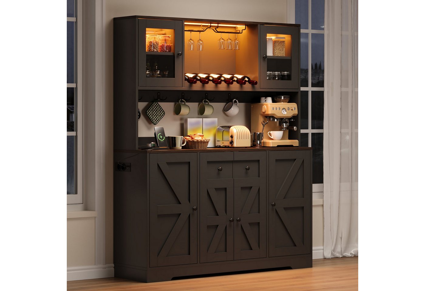Flieks Küchenbuffet Hochschrank Weinschrank mit Acrylglastür, LED-Beleuchtung, Steckdosen (140x40x173 cm, 1-St., Vorratsschrank mit Arbeitsplatte in Walnussholzfarbe, Ladenfunktion) Glasvitrine mit Haken, Gläserhalter, verstellbar Einlegeböden Schwarz Bild 4