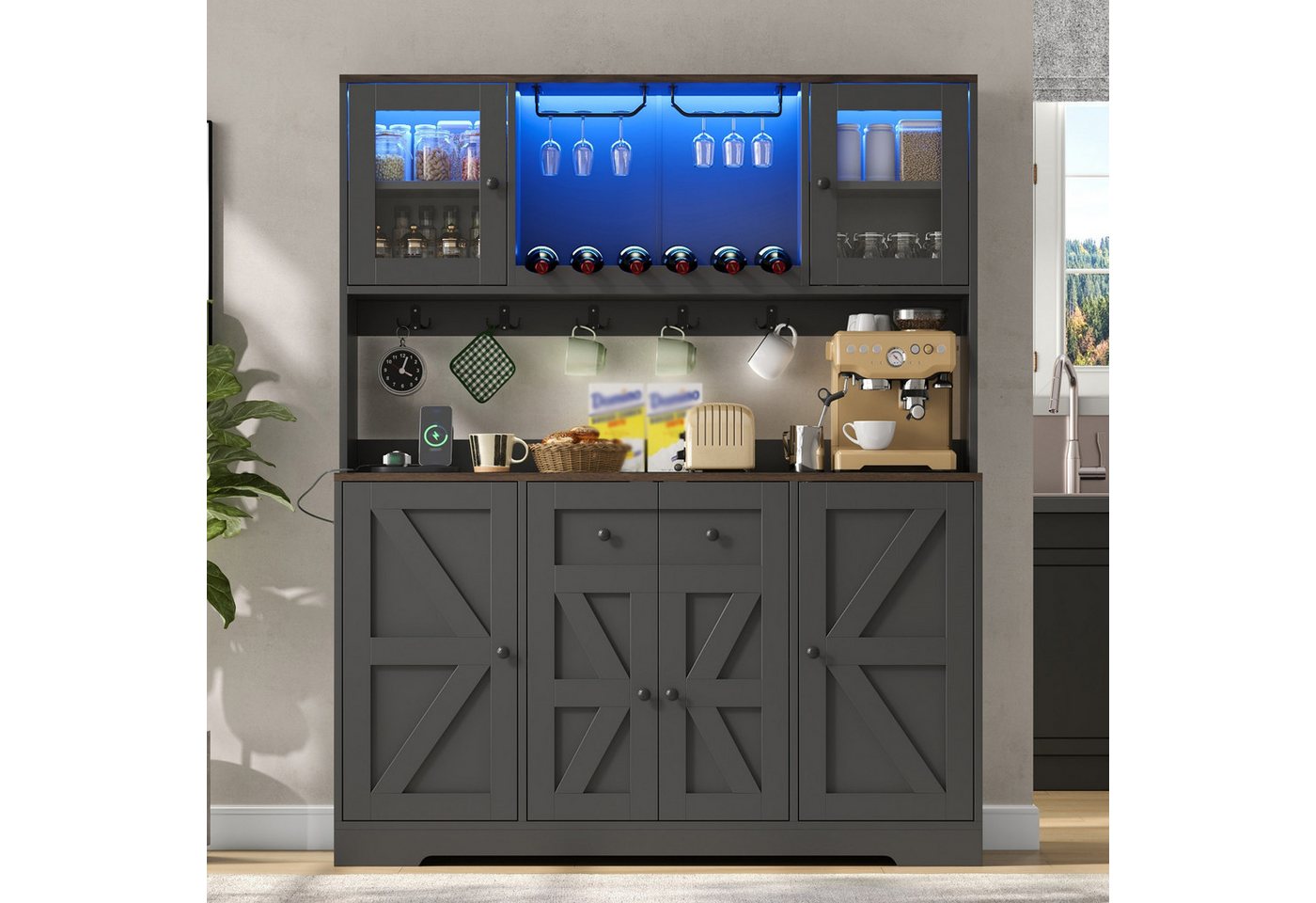 Flieks Küchenbuffet Hochschrank Weinschrank mit Acrylglastür, LED-Beleuchtung, Steckdosen (140x40x173 cm, 1-St., Vorratsschrank mit Arbeitsplatte in Walnussholzfarbe, Ladenfunktion) Glasvitrine mit Haken, Gläserhalter, verstellbar Einlegeböden Schwarz Bild 5