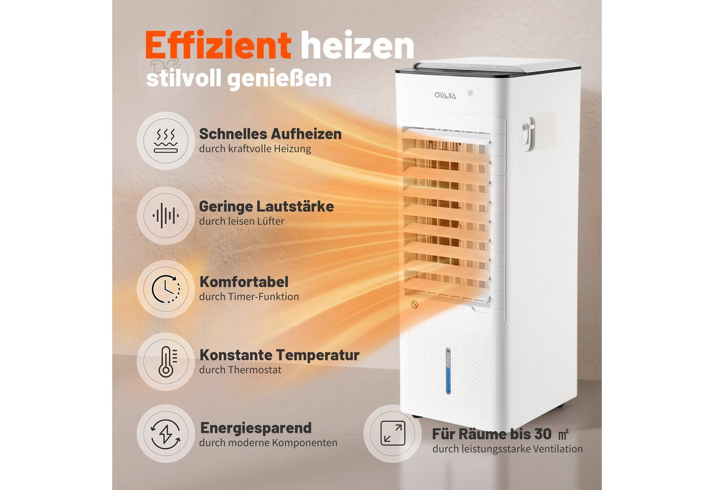 oyajia Heizlüfter 2-in-1 Heizgerät & Luftkühler, 1000W/2000W 2 Heizstufen,ECO Thermostat, 12H Timer, 3 Geschwindigkeiten, Swing, Schlafmodus, für Zuhause & Büro Bild 4