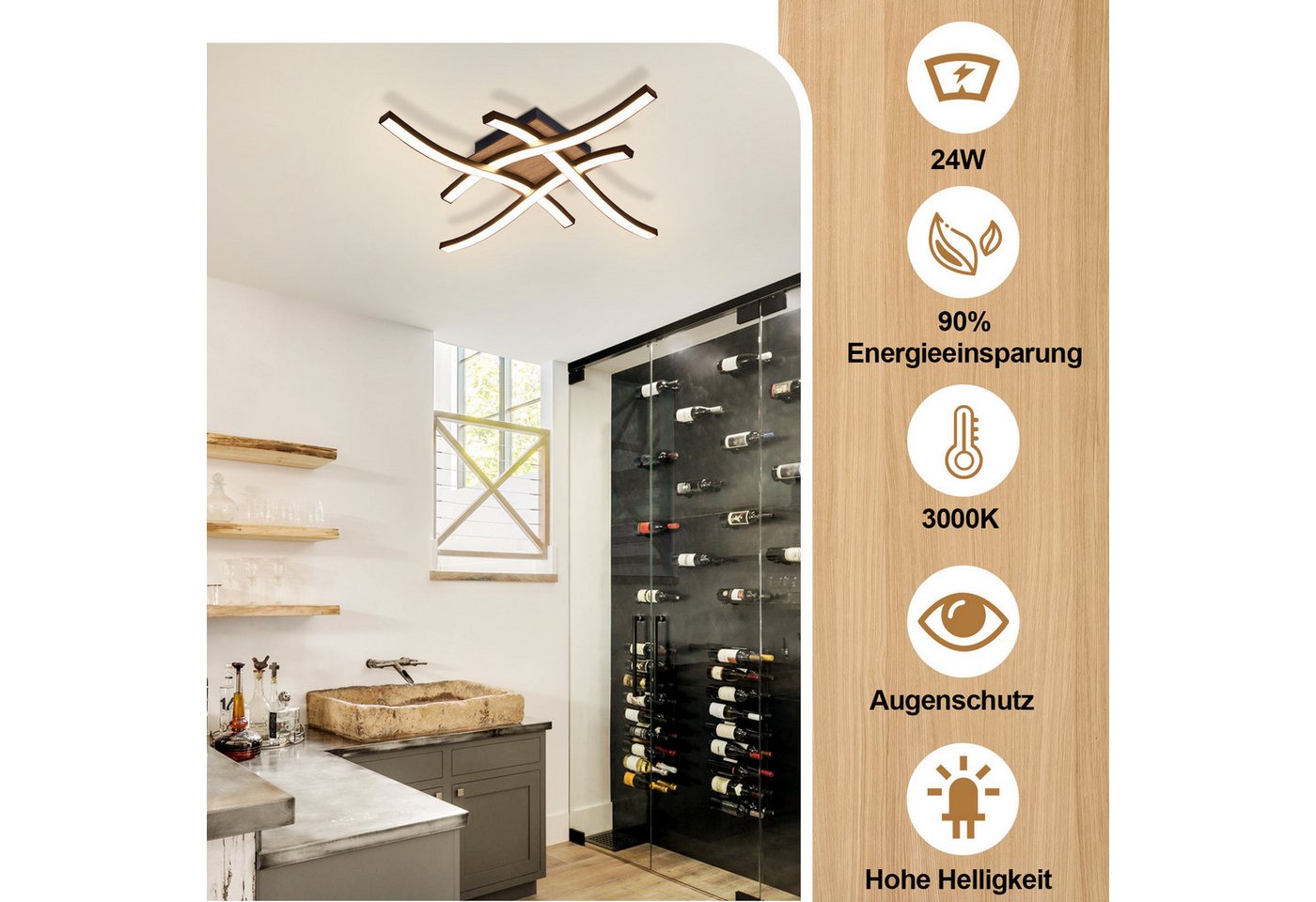 Nettlife LED Deckenleuchte Schlafzimmer Holz Schwarz Küche 12/24 W Warmweiß Modern Metall, LED fest integriert, Warmweiß, 3000K Küchenlampe für Flur Büro Esszimmer Wohnzimmer Schlafzimmer Bild 3
