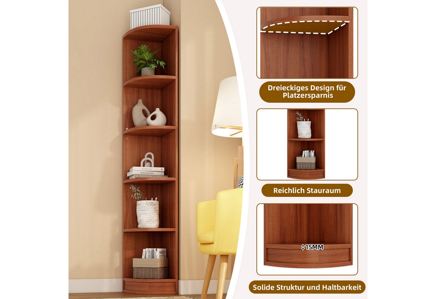 Flieks Bücherregal Hochschrank Eckregal Holzschrank Lagerregal 6 Ebenen, B42/T30/H180 cm, Standregal für Wohnzimmer, Schlafzimmer, Esszimmer, Arbeitszimmer 1-tlg., Eckschrank Eckbücherregal Aktenschrank 5 Fächern Walnussholzfarbe