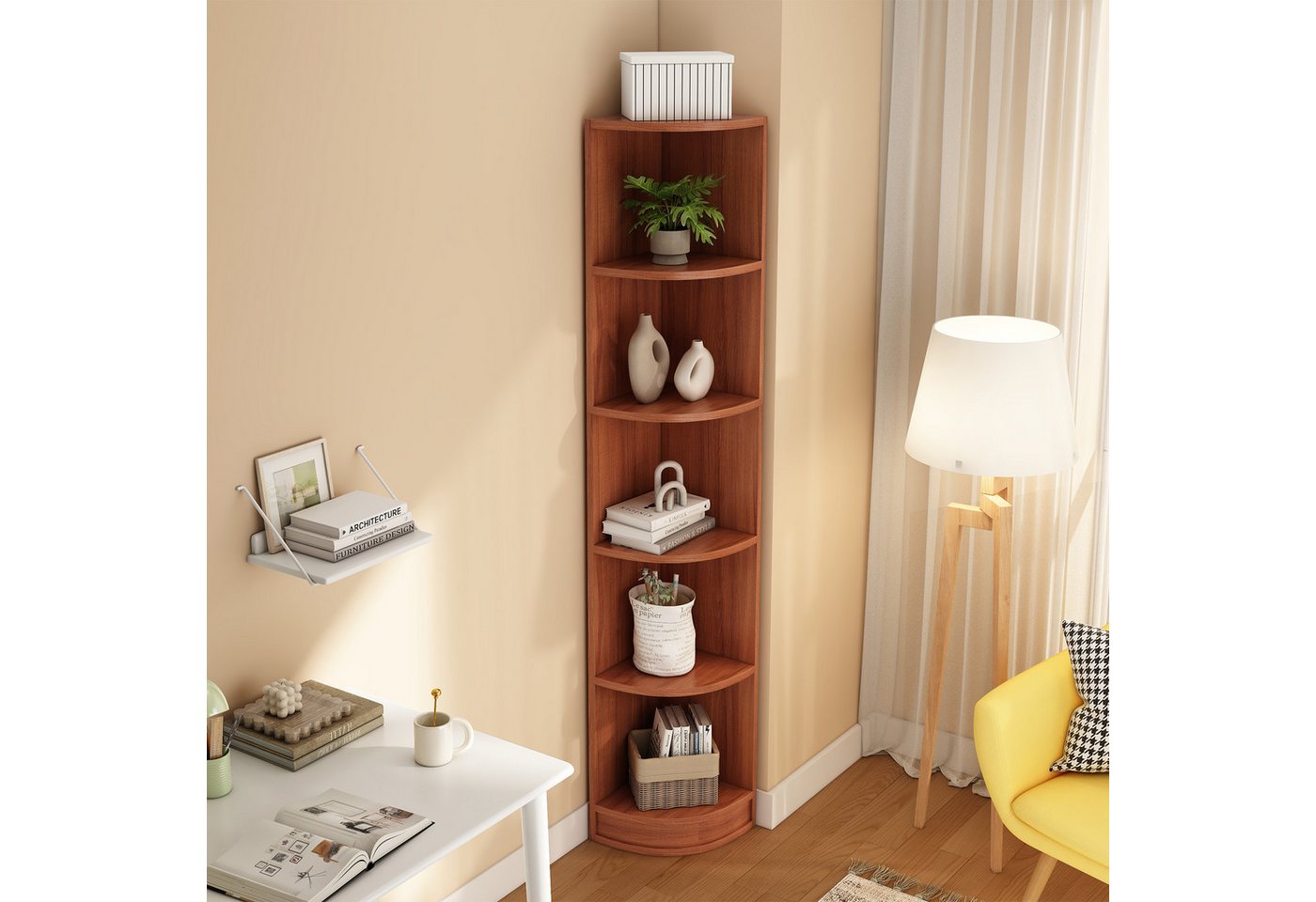 Flieks Bücherregal Hochschrank Eckregal Holzschrank Lagerregal 6 Ebenen, B42/T30/H180 cm, Standregal für Wohnzimmer, Schlafzimmer, Esszimmer, Arbeitszimmer 1-tlg., Eckschrank Eckbücherregal Aktenschrank 5 Fächern Walnussholzfarbe Bild 3