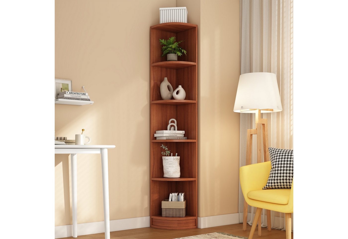 Flieks Bücherregal Hochschrank Eckregal Holzschrank Lagerregal 6 Ebenen, B42/T30/H180 cm, Standregal für Wohnzimmer, Schlafzimmer, Esszimmer, Arbeitszimmer 1-tlg., Eckschrank Eckbücherregal Aktenschrank 5 Fächern Walnussholzfarbe Bild 5