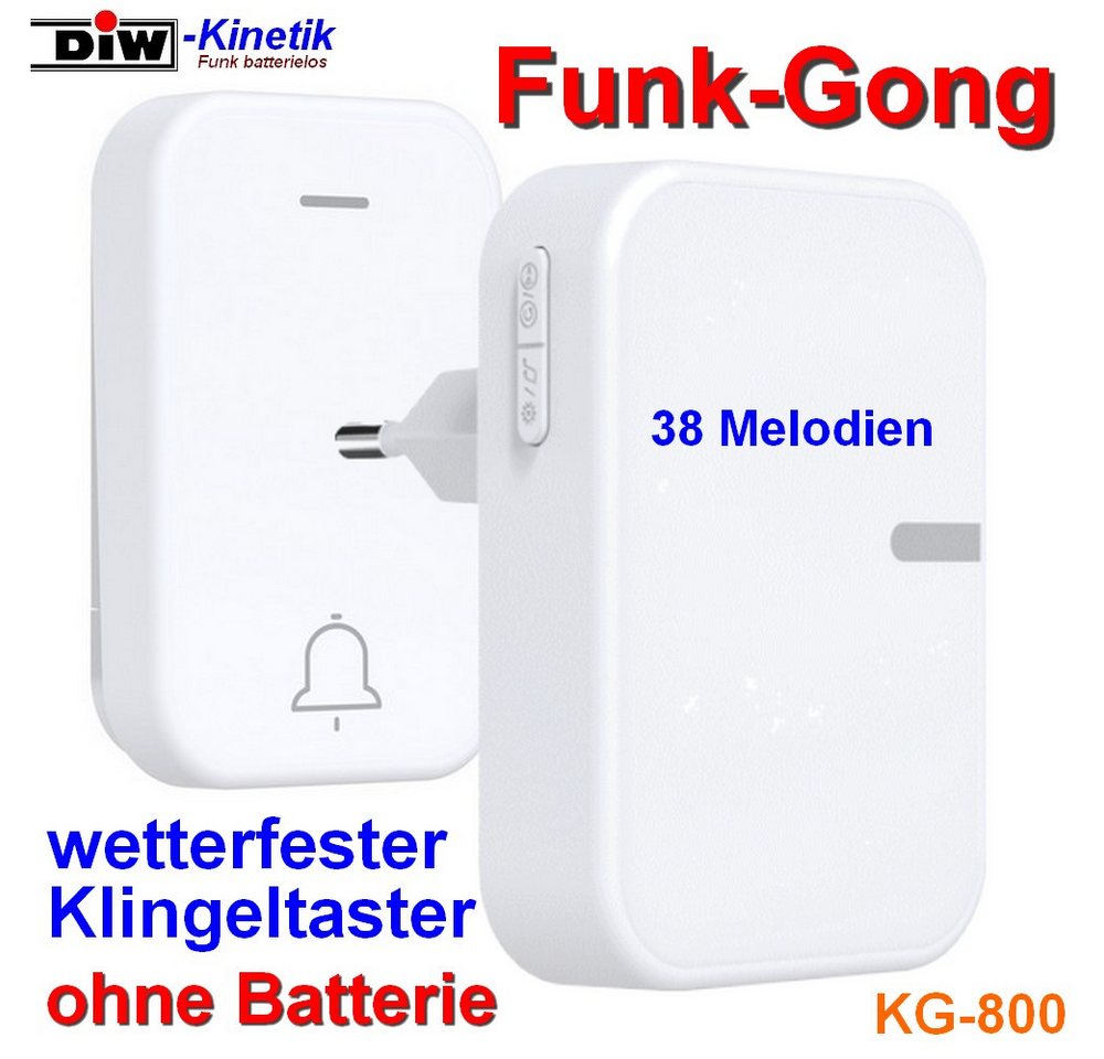 DIW-Funk Funk-Türgong KG-800 Funk-Klingel Set mit kinetischem Taster und Empfänger, 433,92, weiß (Spar-Set 2-tlg. Komplettes Set) keine Batterien notwendig