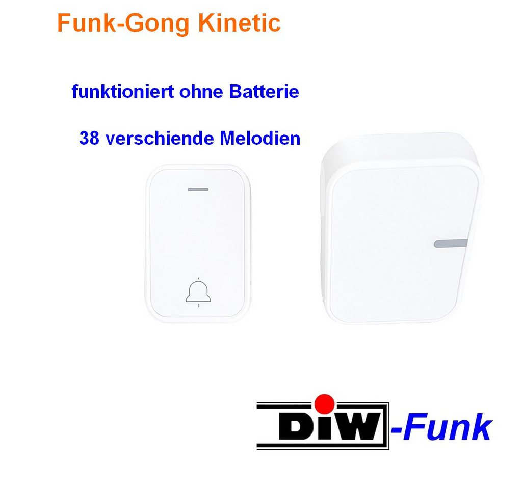 DIW-Funk Funk-Türgong KG-800 Funk-Klingel Set mit kinetischem Taster und Empfänger, 433,92, weiß (Spar-Set 2-tlg. Komplettes Set) keine Batterien notwendig Bild 2