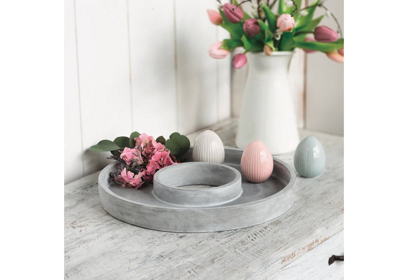 Dekoleidenschaft Dekokranz Dekoring "Grey" Zement, Beton Optik weiß Ø 35 cm, Betonring, Dekokranz, Tischkranz zum Dekorieren, Kerzentablett