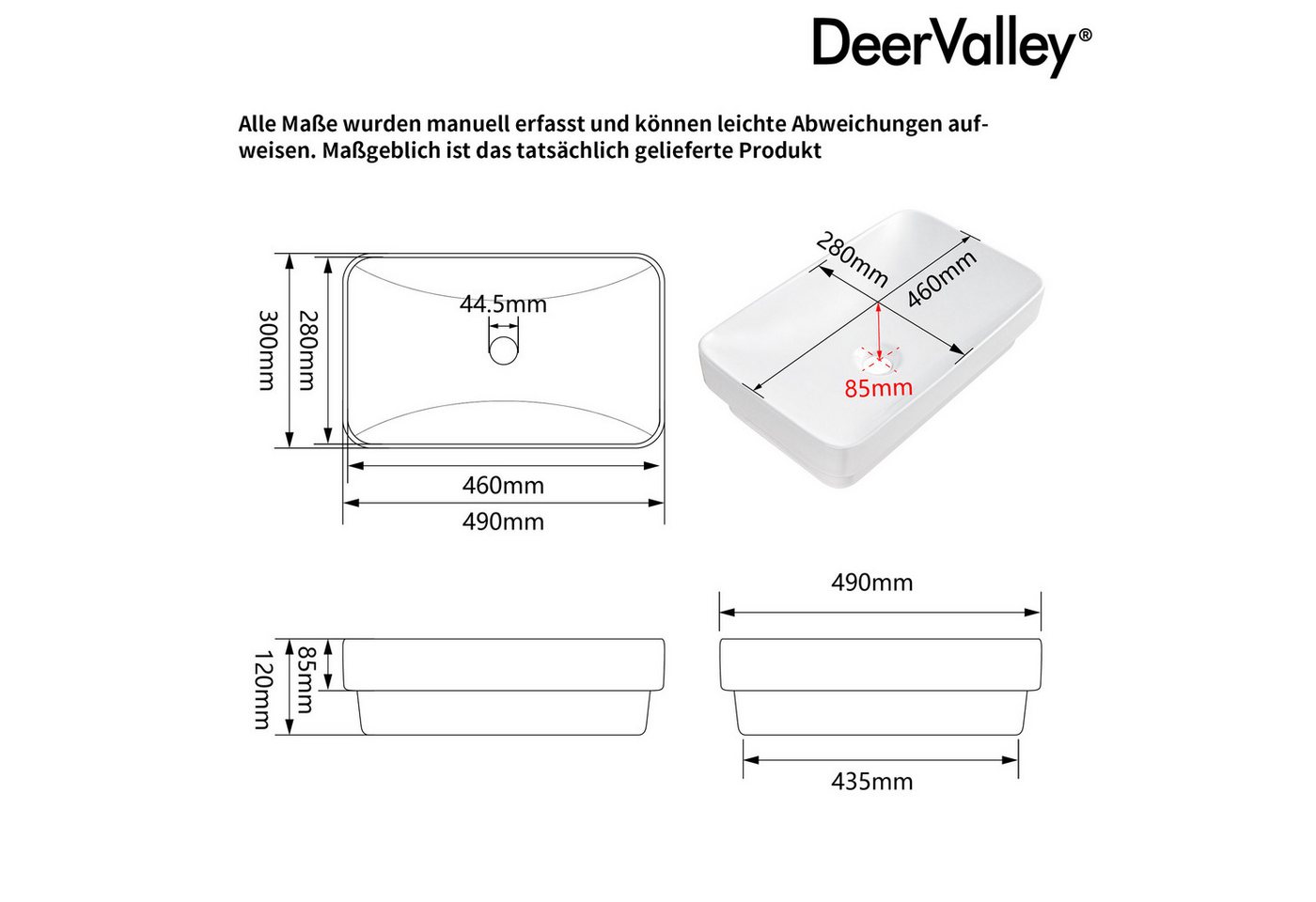 DeerValley Waschbecken DeerValley Aufsatzwaschbecken 475x375mm, Weiß mit Schwarzem Rand (Packung, Waschbecken ohne Armatur und Ablauf), Halbeinbau Keramik Waschbecken, kratzfest, pflegeleicht