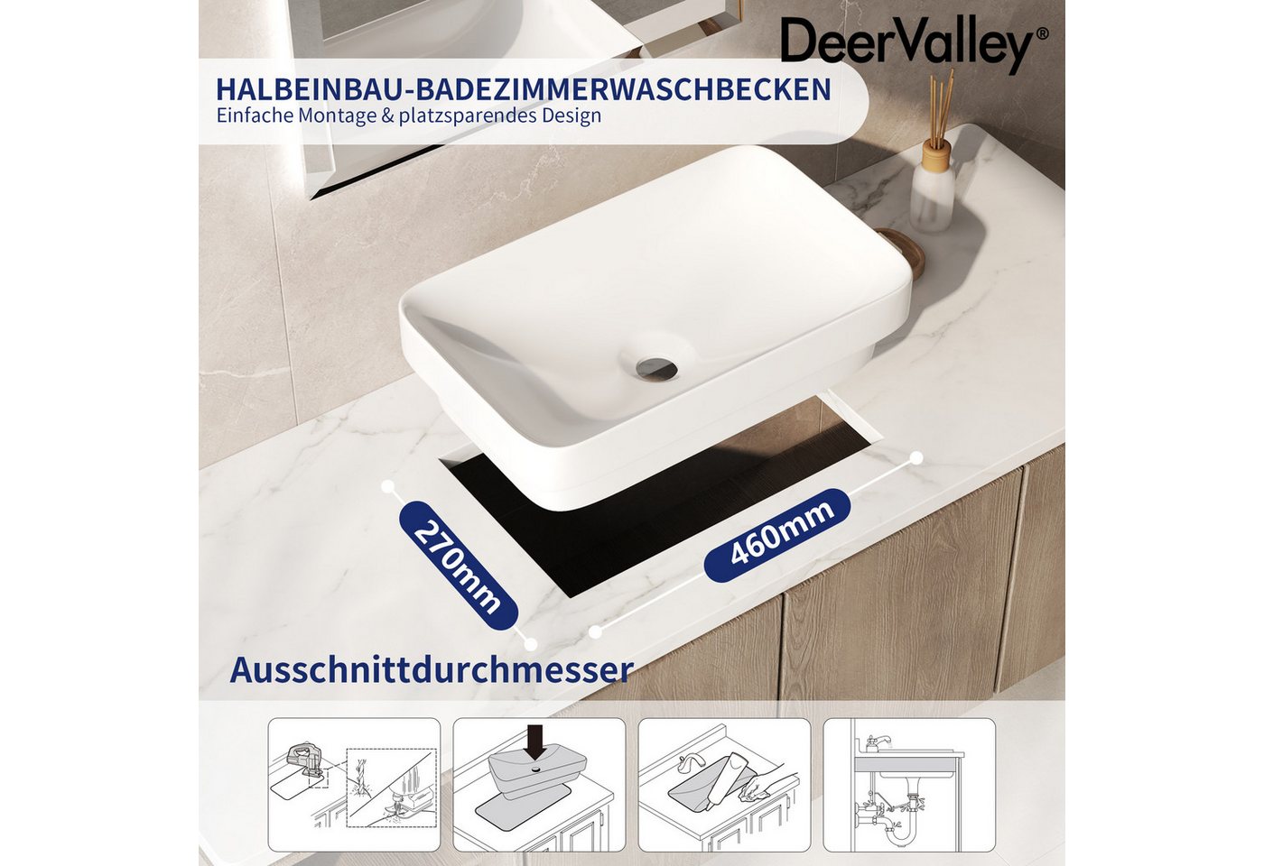 DeerValley Waschbecken DeerValley Aufsatzwaschbecken 475x375mm, Weiß mit Schwarzem Rand (Packung, Waschbecken ohne Armatur und Ablauf), Halbeinbau Keramik Waschbecken, kratzfest, pflegeleicht Bild 3