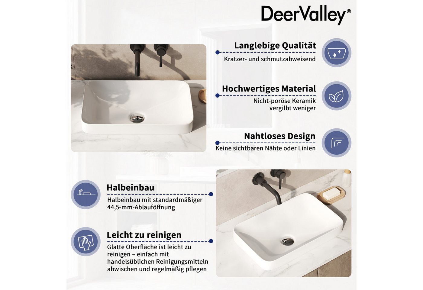 DeerValley Waschbecken DeerValley Aufsatzwaschbecken 475x375mm, Weiß mit Schwarzem Rand (Packung, Waschbecken ohne Armatur und Ablauf), Halbeinbau Keramik Waschbecken, kratzfest, pflegeleicht Bild 5