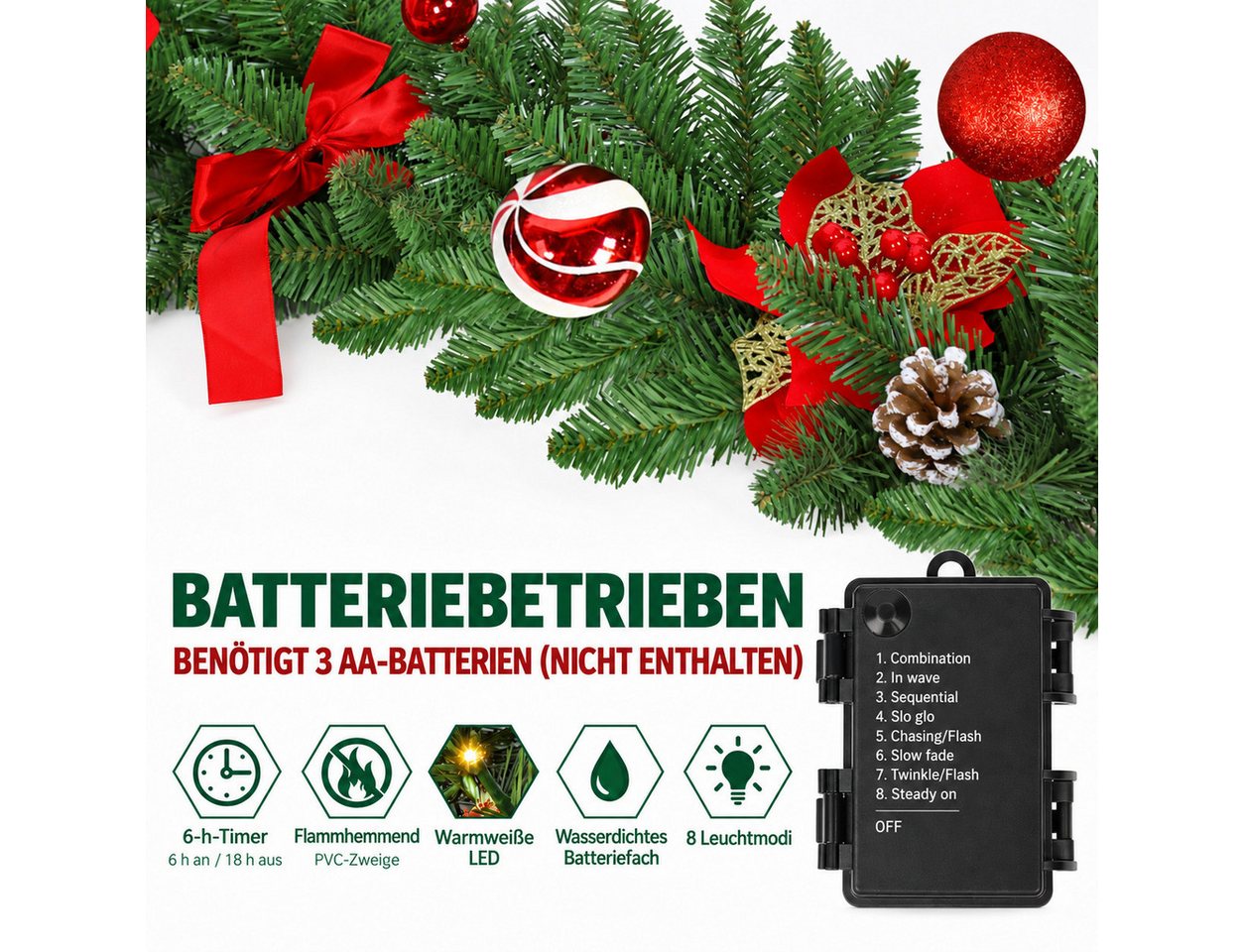 nsihing LED-Girlande Weihnachtsgirlande 2,7m, 30 LED, 8 Lichtmodi & Timer, Batteriebetriebene Lichtergirlande für Innen & Außen