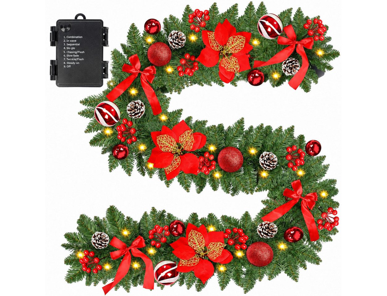 nsihing LED-Girlande Weihnachtsgirlande 2,7m, 30 LED, 8 Lichtmodi & Timer, Batteriebetriebene Lichtergirlande für Innen & Außen Bild 2