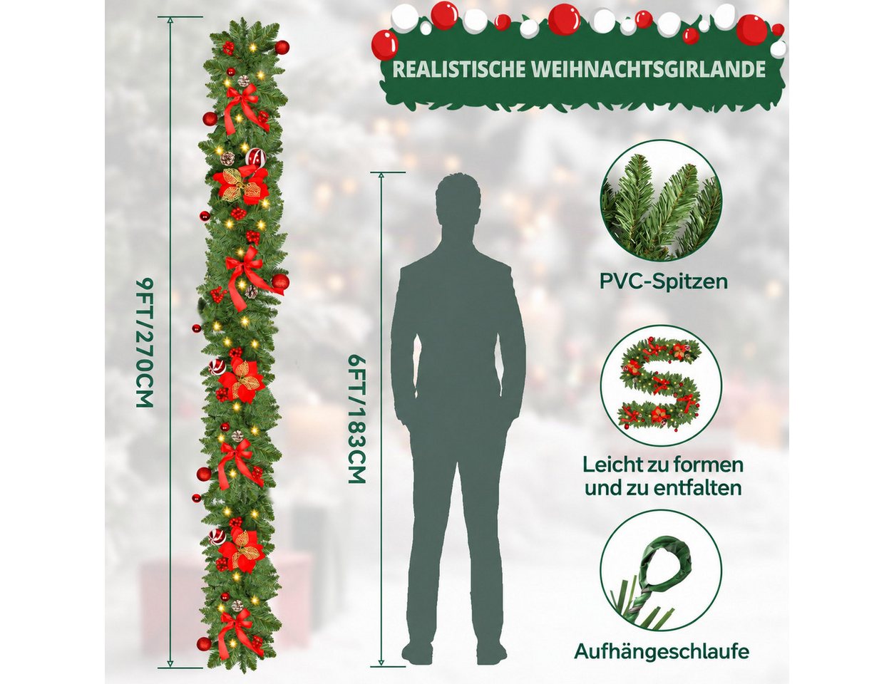 nsihing LED-Girlande Weihnachtsgirlande 2,7m, 30 LED, 8 Lichtmodi & Timer, Batteriebetriebene Lichtergirlande für Innen & Außen Bild 4