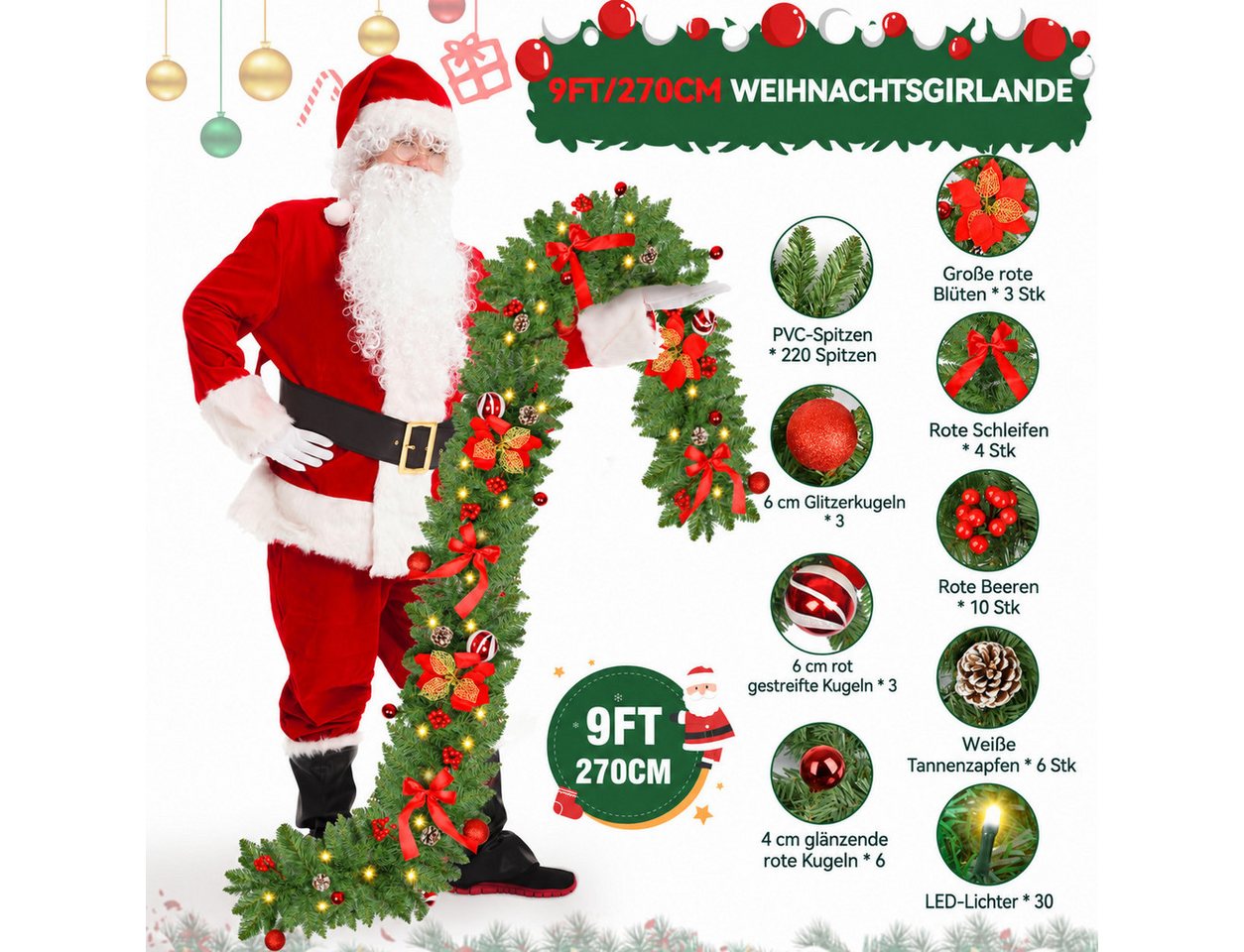 nsihing LED-Girlande Weihnachtsgirlande 2,7m, 30 LED, 8 Lichtmodi & Timer, Batteriebetriebene Lichtergirlande für Innen & Außen Bild 5