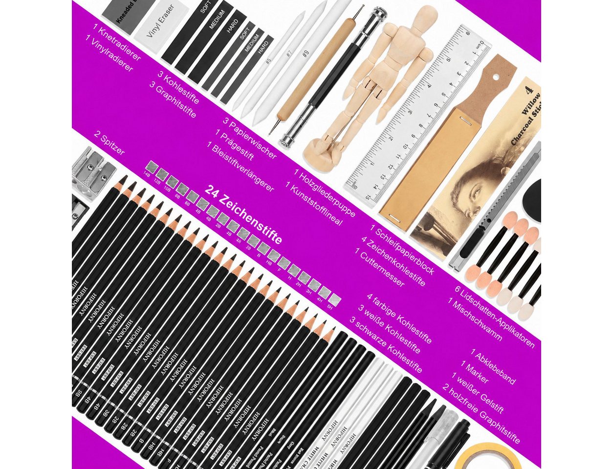 HIFORNY Künstlerstift 70-teiliges Skizzenset für Künstler mit Skizzenbuch und Nylon-Etui, (Skizzierset, 70-tlg., mit Nylon-Federmäppchen), 24 Graphitstifte 14B–5H, Kohle, Zeichenpuppe, Nylon-Federmäppchen
