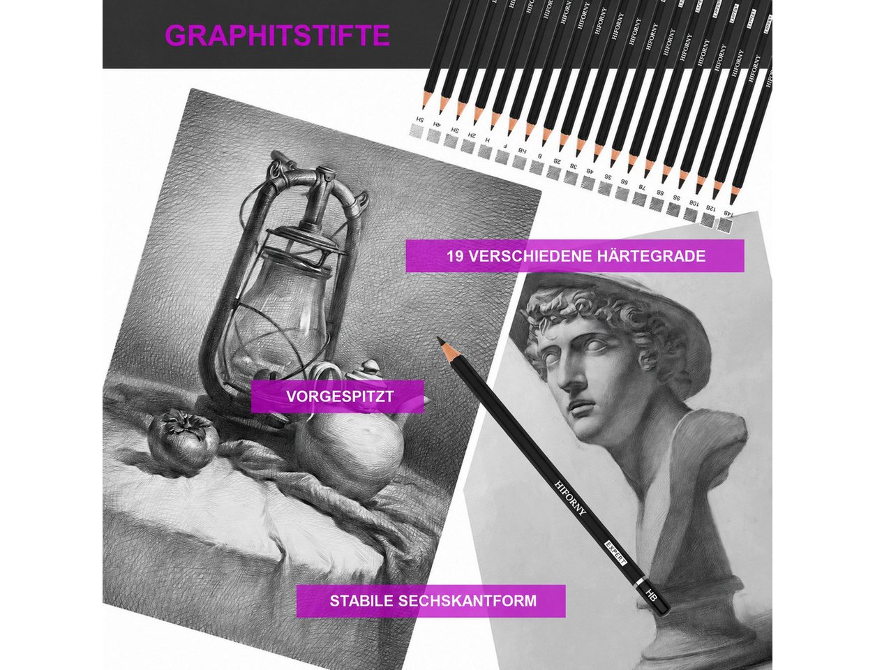 HIFORNY Künstlerstift 70-teiliges Skizzenset für Künstler mit Skizzenbuch und Nylon-Etui, (Skizzierset, 70-tlg., mit Nylon-Federmäppchen), 24 Graphitstifte 14B–5H, Kohle, Zeichenpuppe, Nylon-Federmäppchen Bild 2