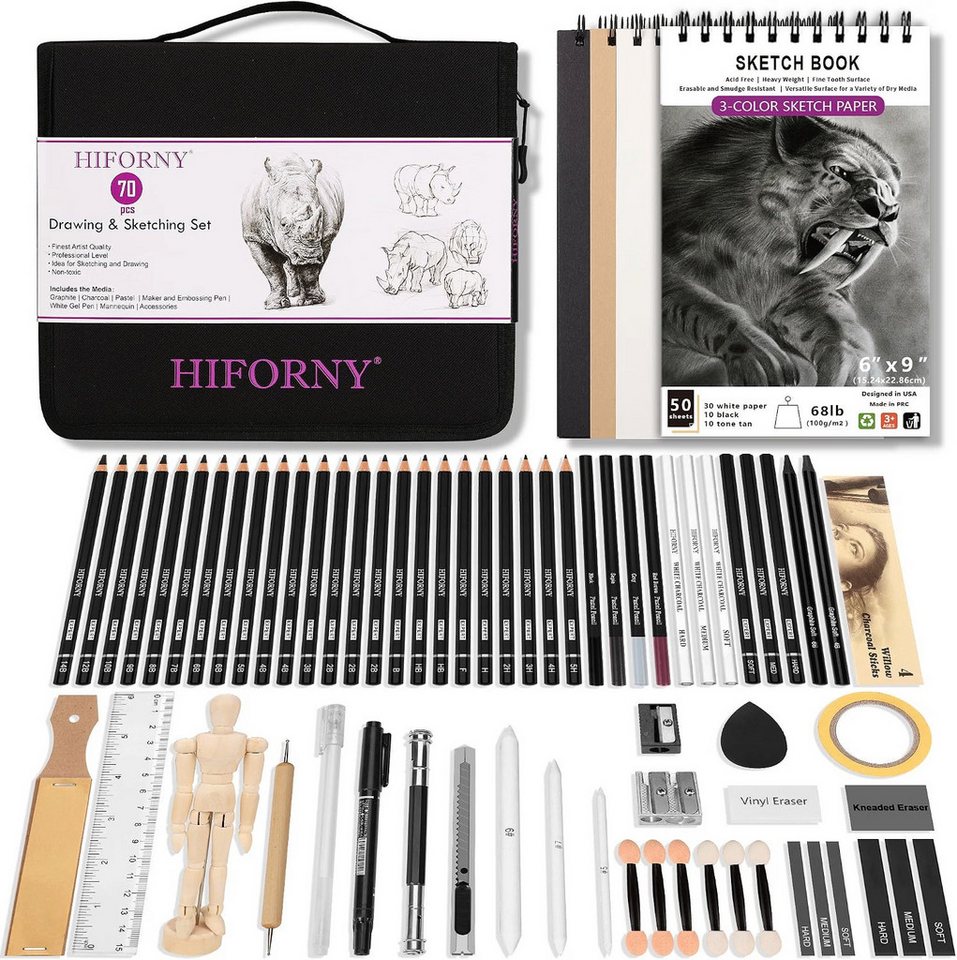 HIFORNY Künstlerstift 70-teiliges Skizzenset für Künstler mit Skizzenbuch und Nylon-Etui, (Skizzierset, 70-tlg., mit Nylon-Federmäppchen), 24 Graphitstifte 14B–5H, Kohle, Zeichenpuppe, Nylon-Federmäppchen Bild 3