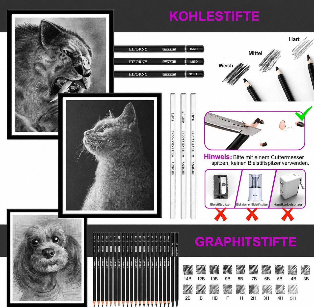 HIFORNY Künstlerstift 70-teiliges Skizzenset für Künstler mit Skizzenbuch und Nylon-Etui, (Skizzierset, 70-tlg., mit Nylon-Federmäppchen), 24 Graphitstifte 14B–5H, Kohle, Zeichenpuppe, Nylon-Federmäppchen Bild 4